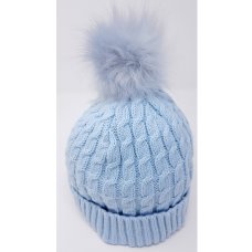 KIDS6216SKY: Baby Cable Knit Fur Pom Hat- Sky (0-6 Months)